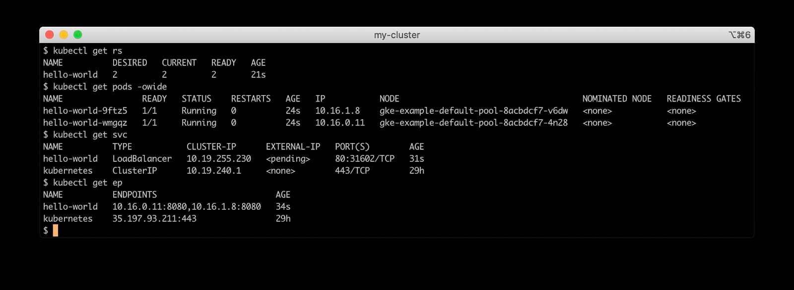Screen shot showing kubectl terminal session